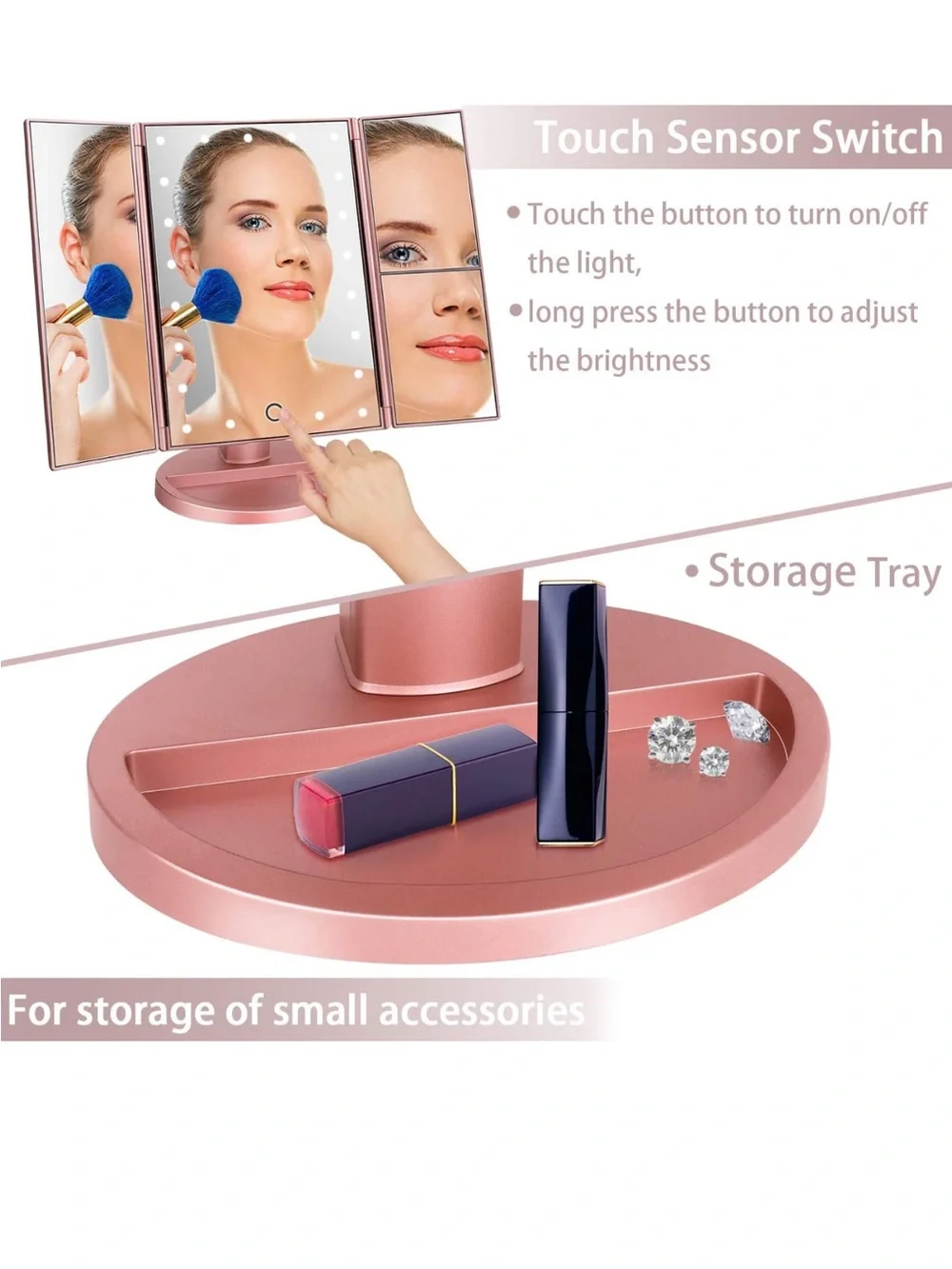 Rose Gold Tri-Fold LED Vanity Mirror with 2x/3x Magnification -